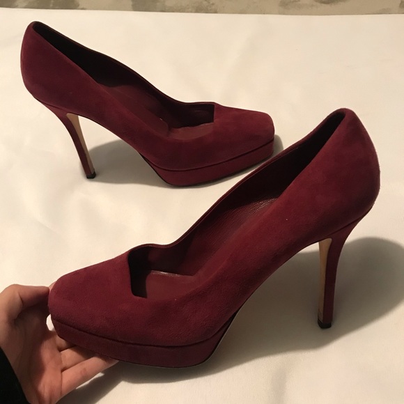 Gucci Scamosciato Tibet Burgundy Suede Platform Heels - Picture 1 of 12